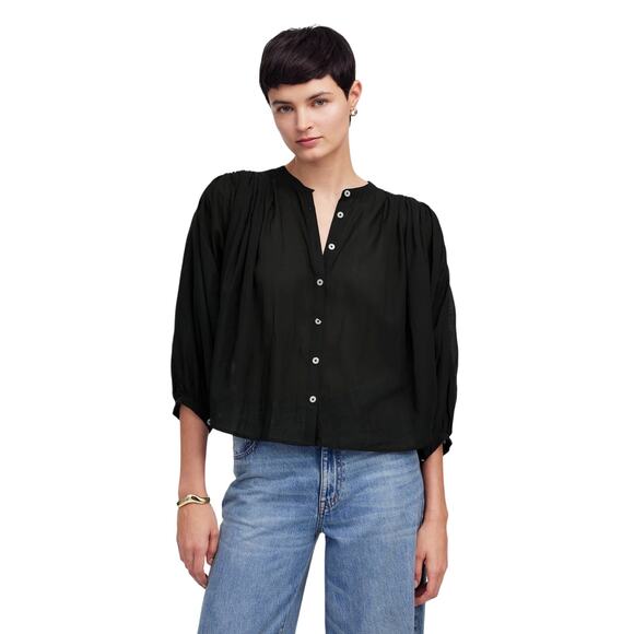 Madewell Black Shirred Balloon Sleeve Button Blouse XS Cotton Blend - Picture 1 of 8
